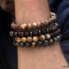 N5654k Bracelet elastique homme perles agates veinées marron rondelles métal noir - Bijoux Bracelets en ligne Ninanina
