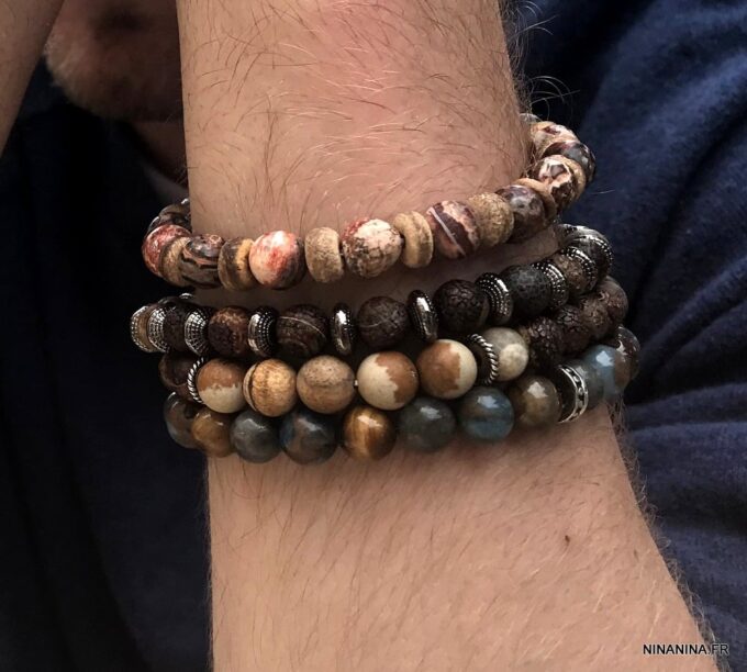 N5654k Bracelet elastique homme perles agates veinées marron rondelles métal noir - Bijoux Bracelets en ligne Ninanina