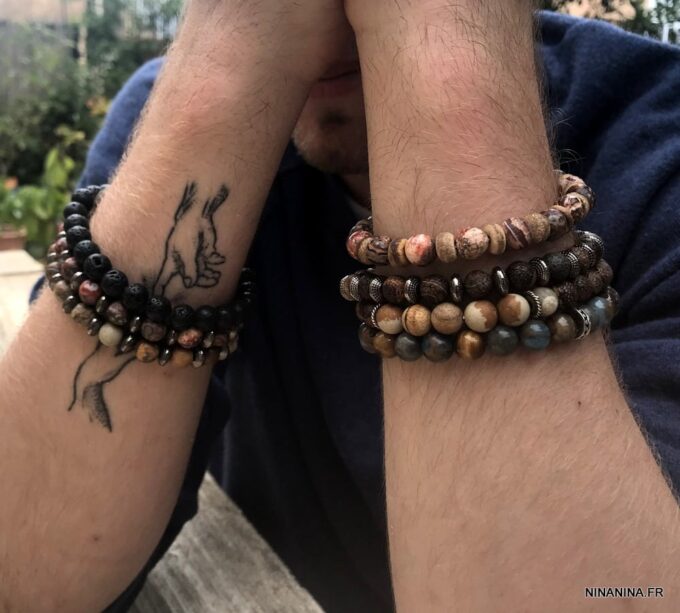 N5654l Bracelet elastique homme perles agates veinées marron rondelles métal noir - Bijoux Bracelets en ligne Ninanina