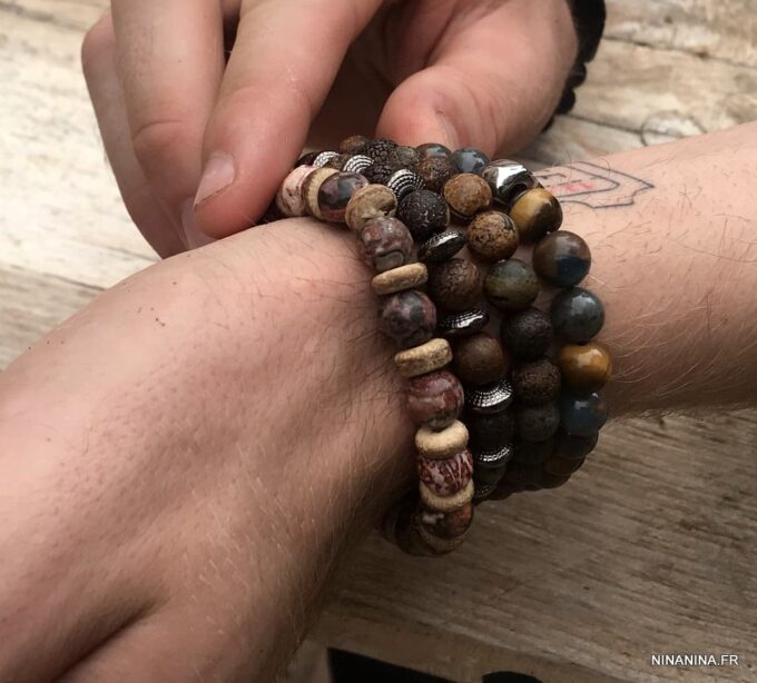 N5654m Bracelet elastique homme perles agates veinées marron rondelles métal noir - Bijoux Bracelets en ligne Ninanina
