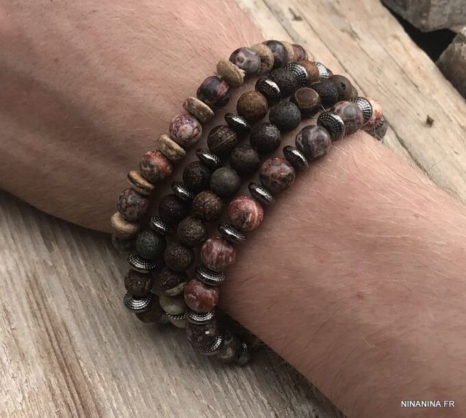 N5654O Bracelet elastique homme perles agates veinées marron rondelles métal noir - Bijoux Bracelets en ligne Ninanina
