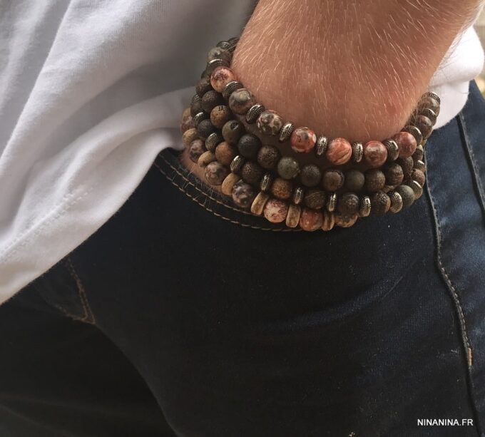 N5654P Bracelet elastique homme perles agates veinées marron rondelles métal noir - Bijoux Bracelets en ligne Ninanina