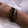 N5654Q Bracelet elastique homme perles agates veinées marron rondelles métal noir - Bijoux Bracelets en ligne Ninanina