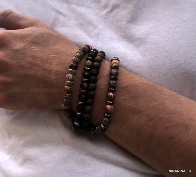 N5654Q Bracelet elastique homme perles agates veinées marron rondelles métal noir - Bijoux Bracelets en ligne Ninanina