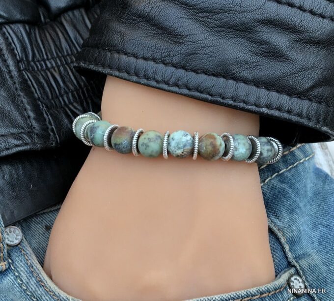 N5660c Bracelet boule turquoise mat pour homme sur fil elastique - Bijoux Bracelets en ligne Ninanina