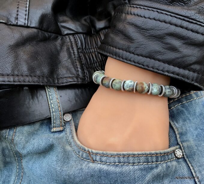 N5660e Bracelet boule turquoise mat pour homme sur fil elastique - Bijoux Bracelets en ligne Ninanina