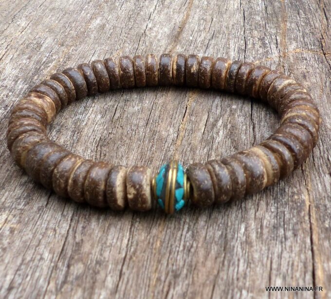 N5662 Bracelet elastique homme perles bois perle turquoise naturelle - Bijoux Bracelets en ligne Ninanina