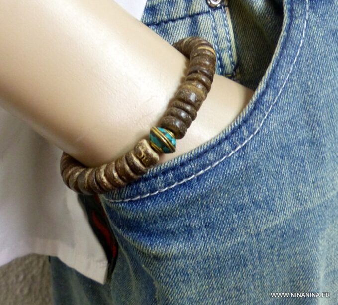 N5662a Bracelet homme stretch perles bois rondelle turquoise véritable NINANINA