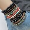 N5662b Bracelet elastique homme perles bois perle turquoise naturelle - Bijoux Bracelets en ligne Ninanina