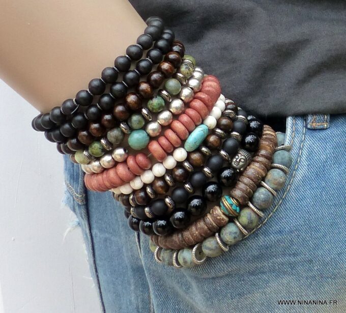 N5662b Bracelet elastique homme perles bois perle turquoise naturelle - Bijoux Bracelets en ligne Ninanina