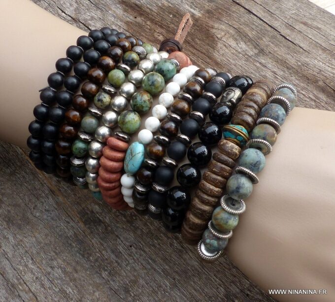 N5662d Bracelet elastique homme perles bois perle turquoise naturelle - Bijoux Bracelets en ligne Ninanina