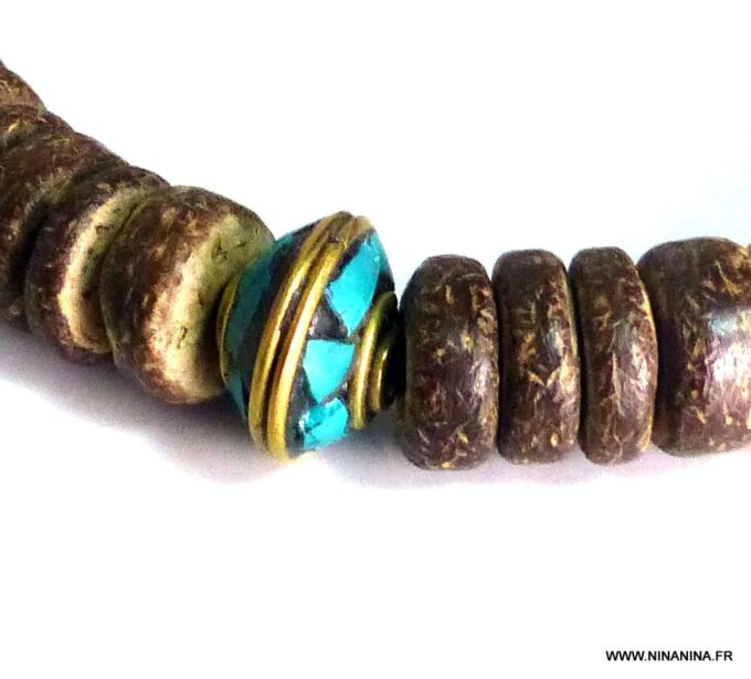 N5662h Bracelet homme stretch perles bois rondelle turquoise véritable NINANINA