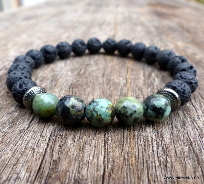 N5665 Bracelet elastique homme perles de lave turquoises africaines naturelles - Bijoux Bracelets en ligne Ninanina