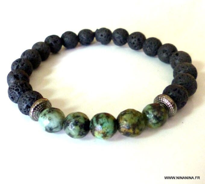 N5665 Bracelet homme perles turquoises africaines pierre de lave noires NINANINA