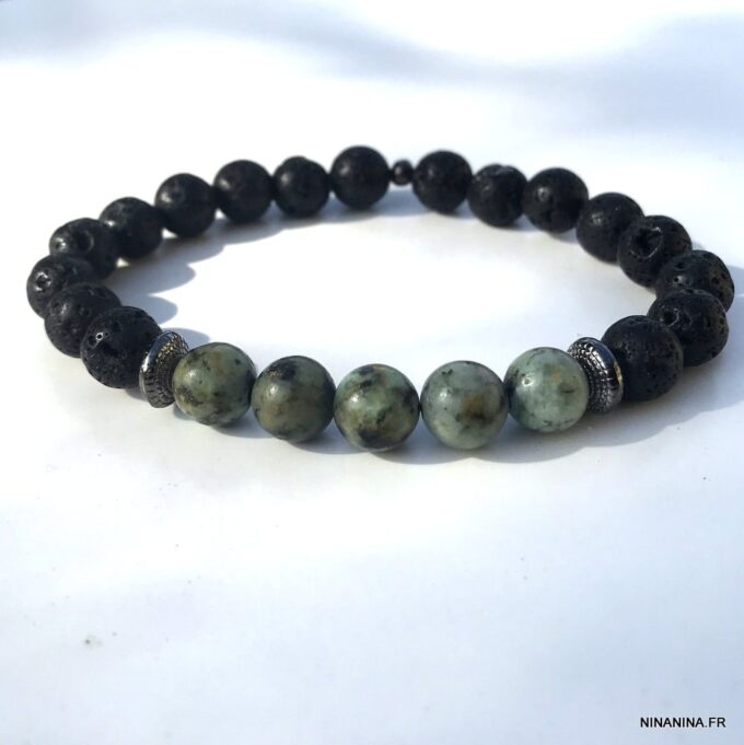 N5665 Bracelet homme pierre de lave et turquoise africaine - Bijoux Bracelets en ligne Ninanina
