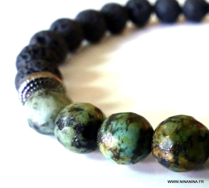 N5665a Bracelet homme perles turquoises africaines pierre de lave noires NINANINA