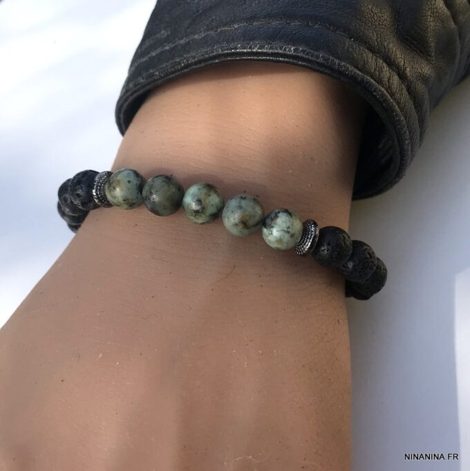 N5665b Bracelet homme pierre de lave et turquoise africaine - Bijoux Bracelets en ligne Ninanina