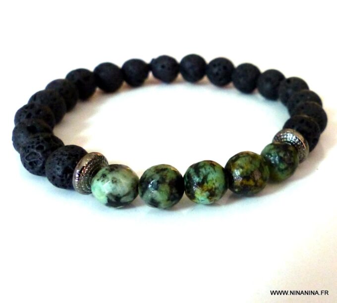 N5665d Bracelet homme perles turquoises africaines pierre de lave noires NINANINA
