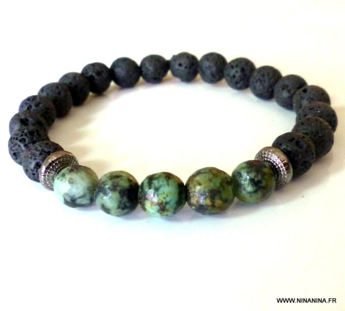 N5665g Bracelet homme perles turquoises africaines pierre de lave noires NINANINA
