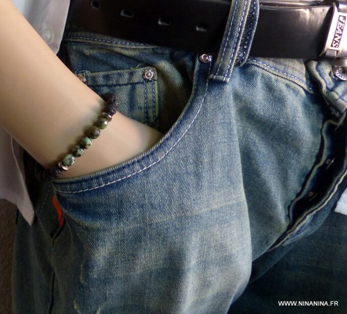 N5665h Bracelet homme perles turquoises africaines pierre de lave noires NINANINA