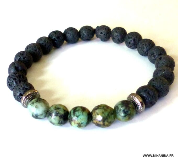 N5665j Bracelet homme perles turquoises africaines pierre de lave noires NINANINA