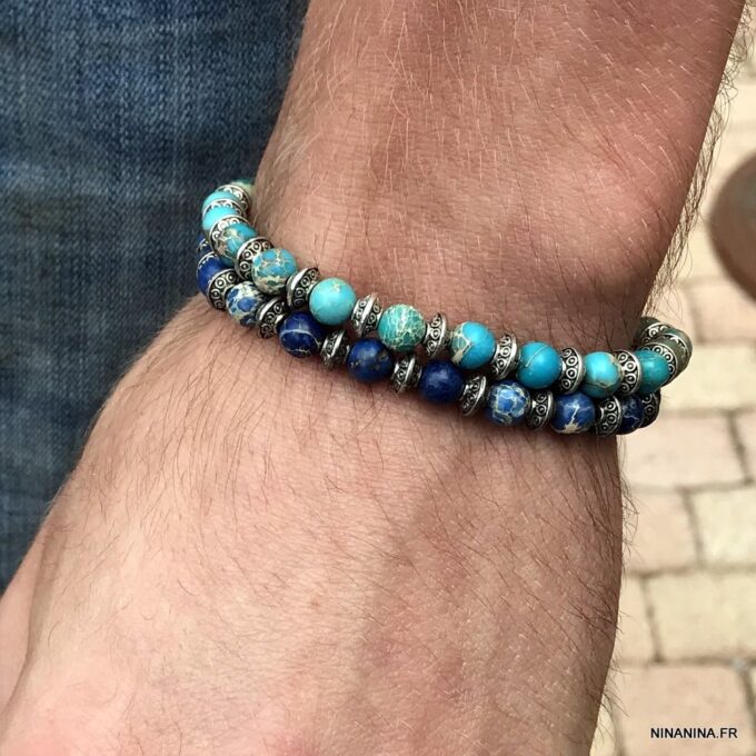 N5669d Bracelet perle bleu homme perle jaspe 6mm elastique - Bijoux Bracelets en ligne Ninanina