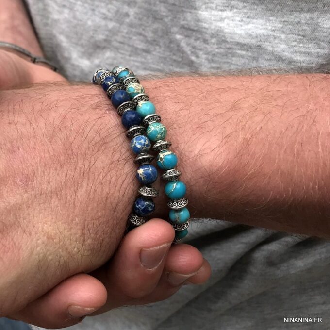 N5669f Bracelet perle bleu homme perle jaspe 6mm elastique - Bijoux Bracelets en ligne Ninanina