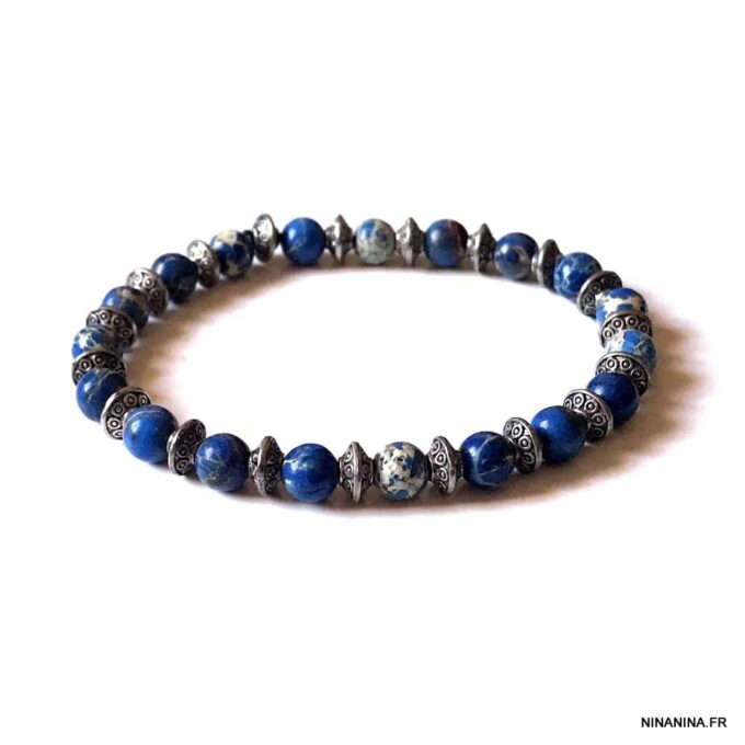 N5669j Bracelet perle bleu homme perle jaspe 6mm elastique - Bijoux Bracelets en ligne Ninanina