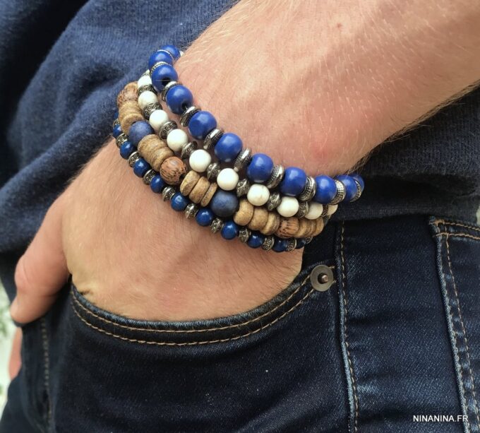 N5669r Bracelet homme perle jaspe bleu sur fil elastique - Bijoux Bracelets en ligne Ninanina
