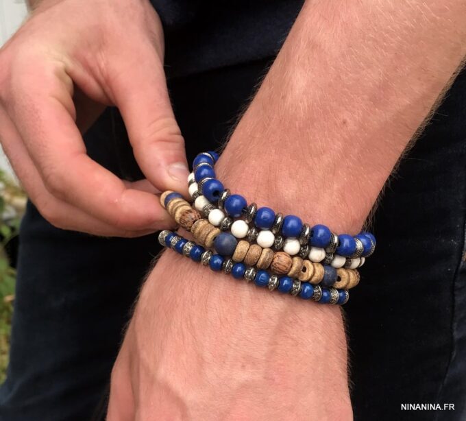 N5669s Bracelet homme perle jaspe bleu sur fil elastique - Bijoux Bracelets en ligne Ninanina
