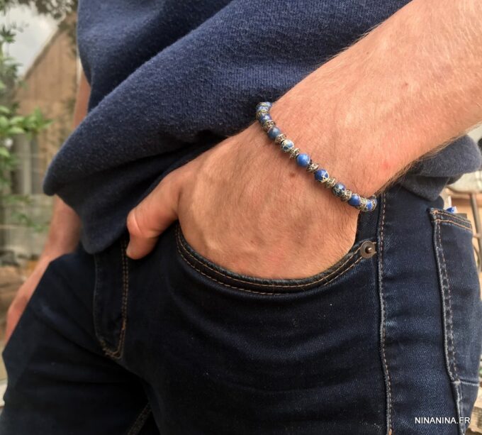 N5669u Bracelet homme perle jaspe bleu sur fil elastique - Bijoux Bracelets en ligne Ninanina