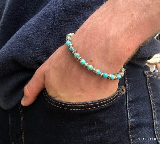 N5669x Bracelet homme perle jaspe bleu sur fil elastique - Bijoux Bracelets en ligne Ninanina