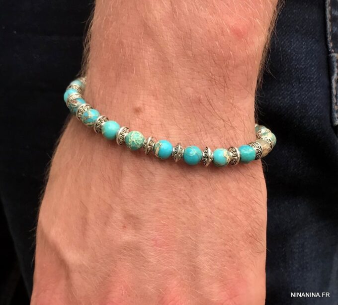 N5669y Bracelet homme perle jaspe bleu sur fil elastique - Bijoux Bracelets en ligne Ninanina