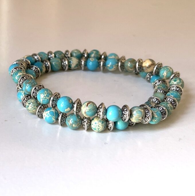 N5670 Bracelet pierre bleu turquoise jaspe double tour homme - Bioux Bracelets en ligne Ninanina