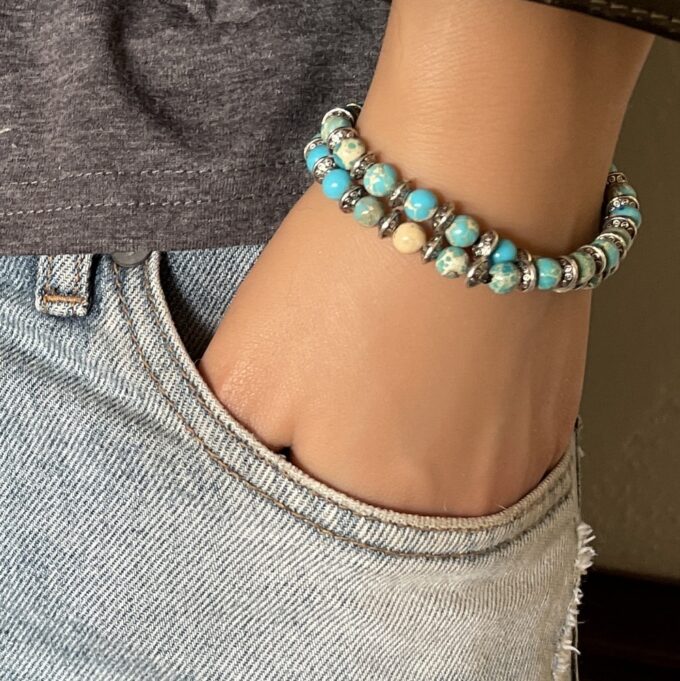 N5670A Bracelet pierre bleu turquoise jaspe double tour homme - Bioux Bracelets en ligne Ninanina