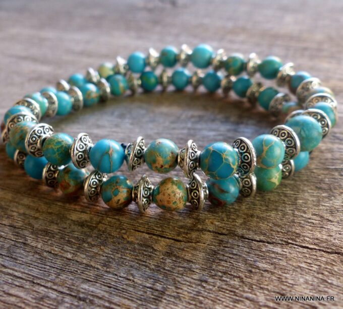 N5670c Bracelet homme 2 tours stretch perles jaspe turquoises NINANINA
