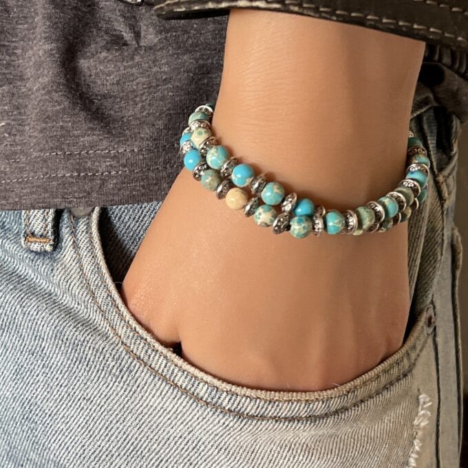 N5670C Bracelet pierre bleu turquoise jaspe double tour homme - Bioux Bracelets en ligne Ninanina