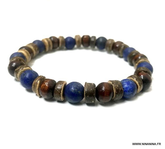 N5672 Bracelet homme lapis lazuli bleu et perle bois marron - Bijoux Bracelets en ligne Ninanina