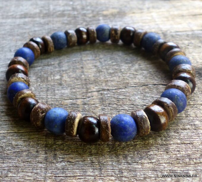 N5672 Bracelet homme perles coco marron lapis lazuli NINANINA