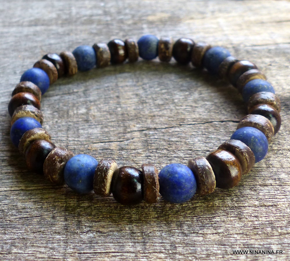 Bracelet lapis lazuli pour homme perles bois coco - Ninanina