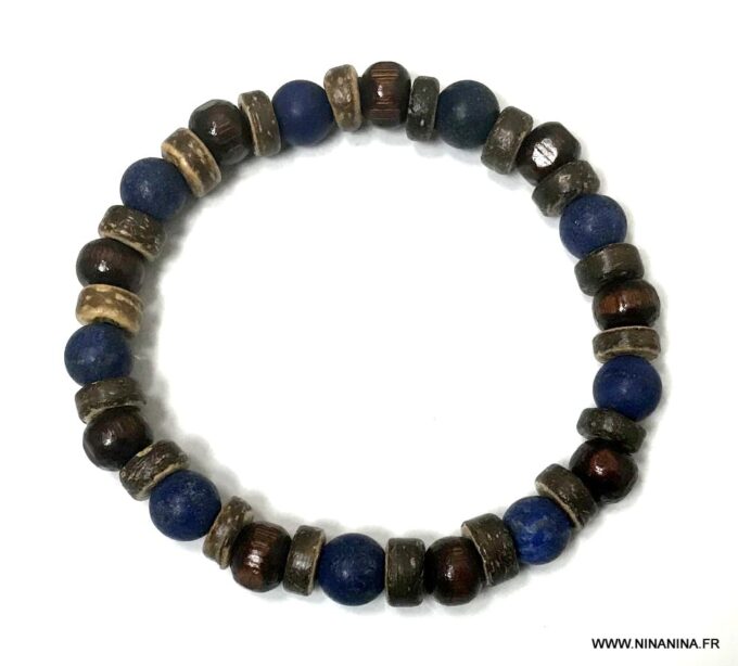 N5672a Bracelet homme lapis lazuli bleu et perle bois marron - Bijoux Bracelets en ligne Ninanina