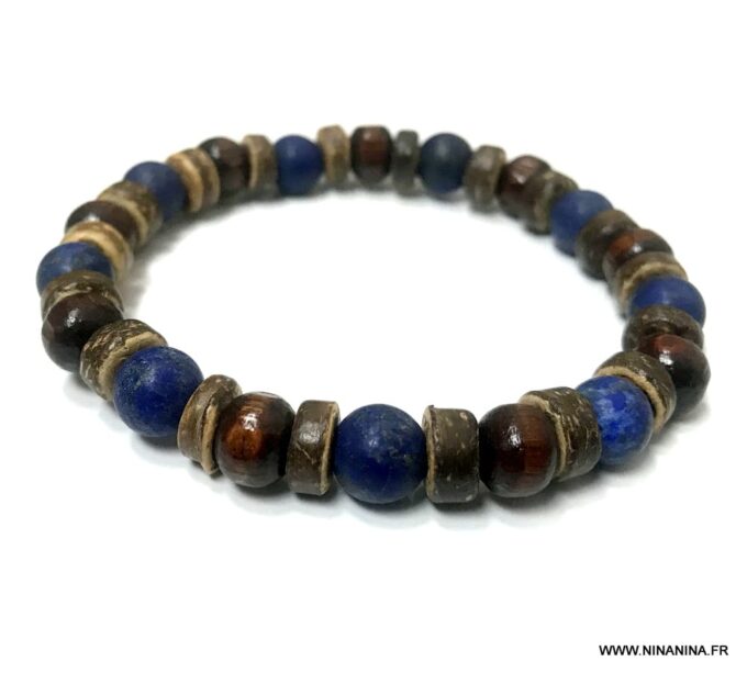 N5672b Bracelet homme lapis lazuli bleu et perle bois marron - Bijoux Bracelets en ligne Ninanina