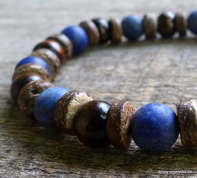 N5672C Bracelet homme perles coco marron lapis lazuli NINANINA