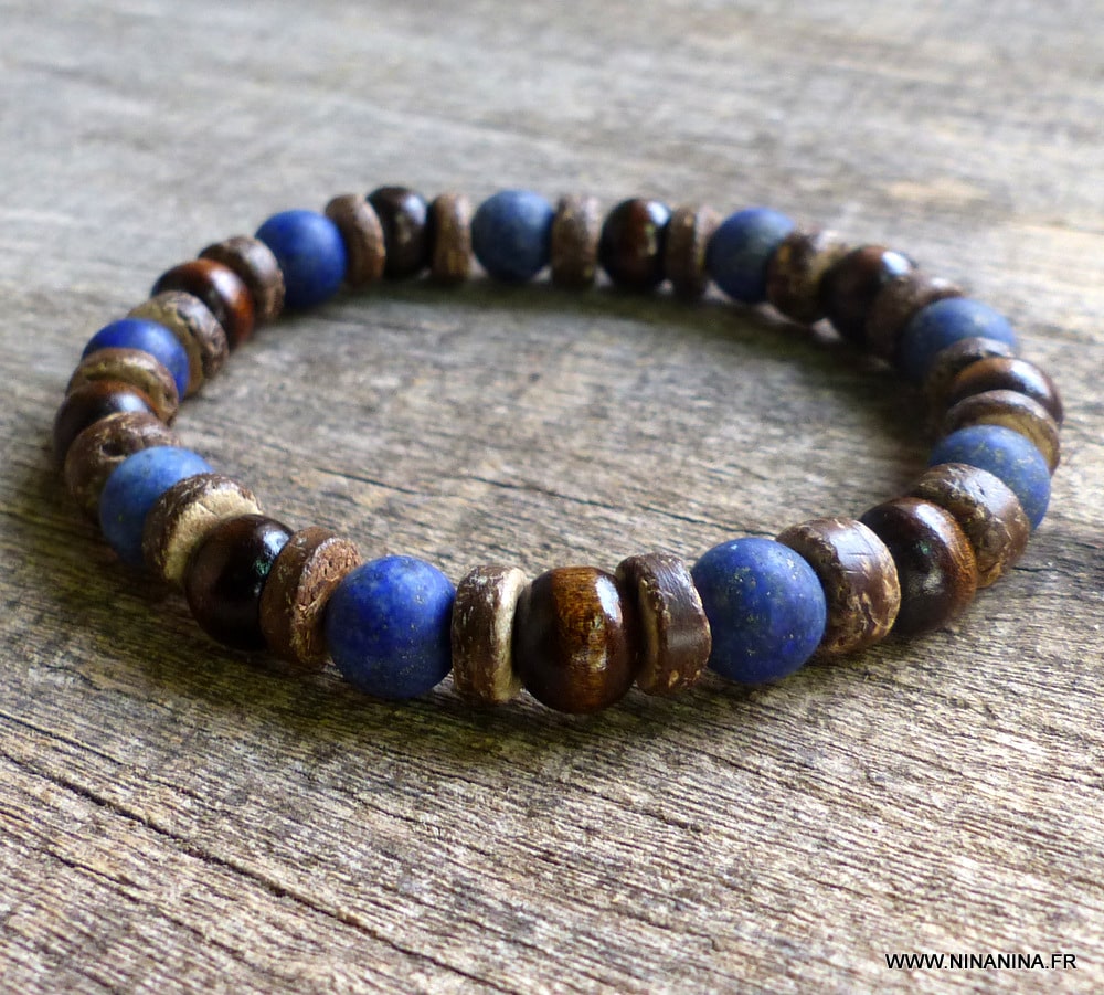 Bracelet lapis lazuli pour homme perles bois coco - Ninanina