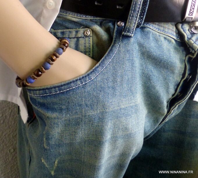 N5672L Bracelet homme perles coco marron lapis lazuli NINANINA