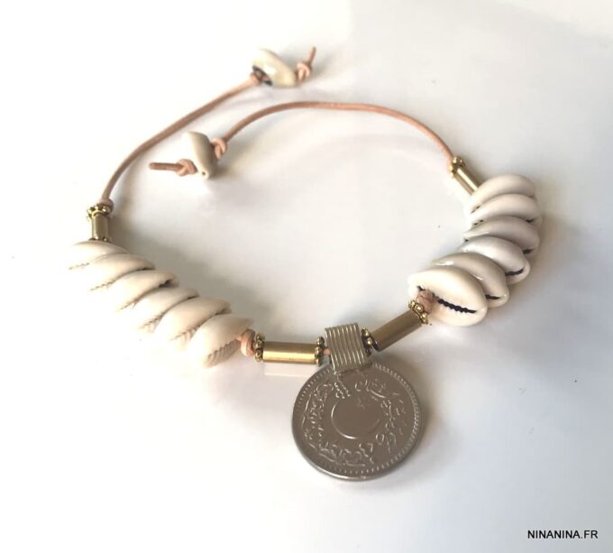 N5673k Bracelet cheville avec coquillage sur cordon cuir naturel - Bijoux de pied en ligne Ninanina