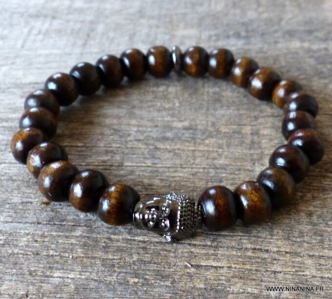 N5674 Bracelet homme perles bois marron bouddha noir NINANINA