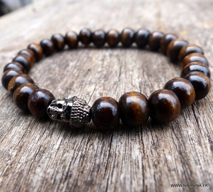 N5674c Bracelet elastique homme bouddha métal noir perles bois marron - Bijoux Bracelets en ligne Ninanina