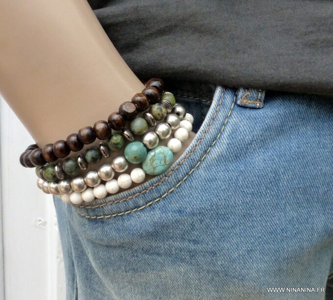 N5674f Bracelet elastique homme bouddha métal noir perles bois marron - Bijoux Bracelets en ligne Ninanina