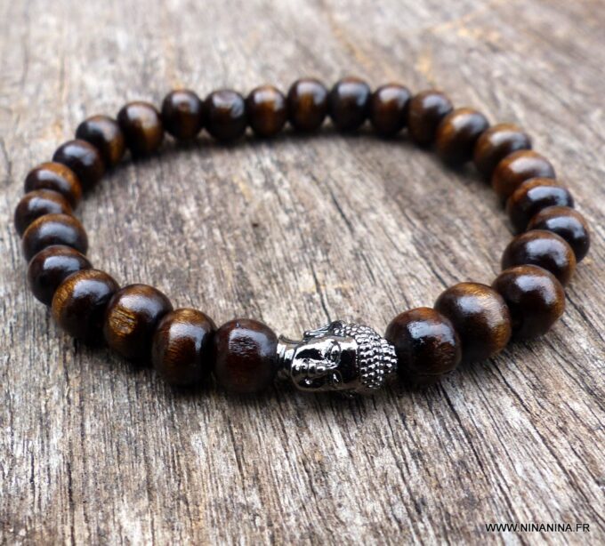 N5674i Bracelet elastique homme bouddha métal noir perles bois marron - Bijoux Bracelets en ligne Ninanina